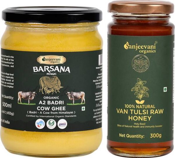 Sanjeevani organics A2 Badri Ghee & Van Tulsi Raw Honey... - 755 g, Pack of 2